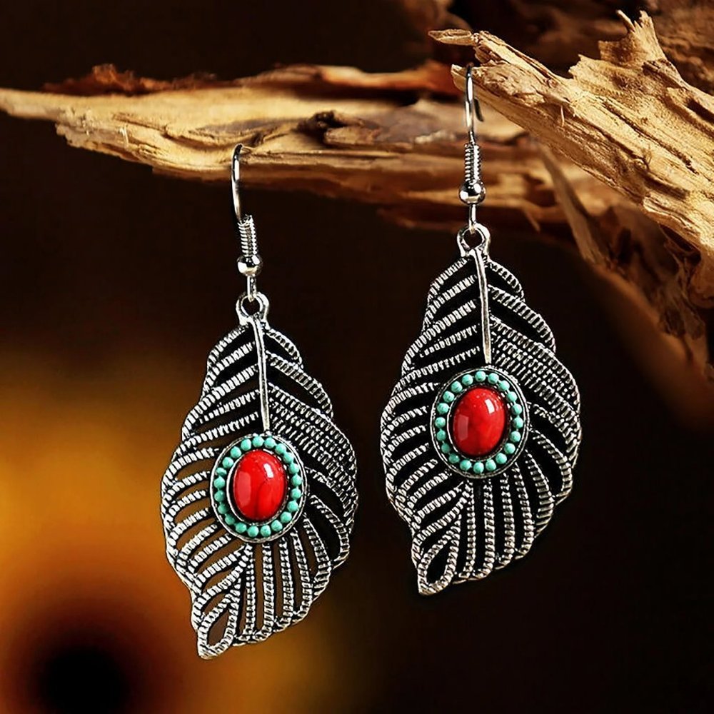 New Boho Silver Leaf Drop Red and Colored Turquoise‎ Earrings
